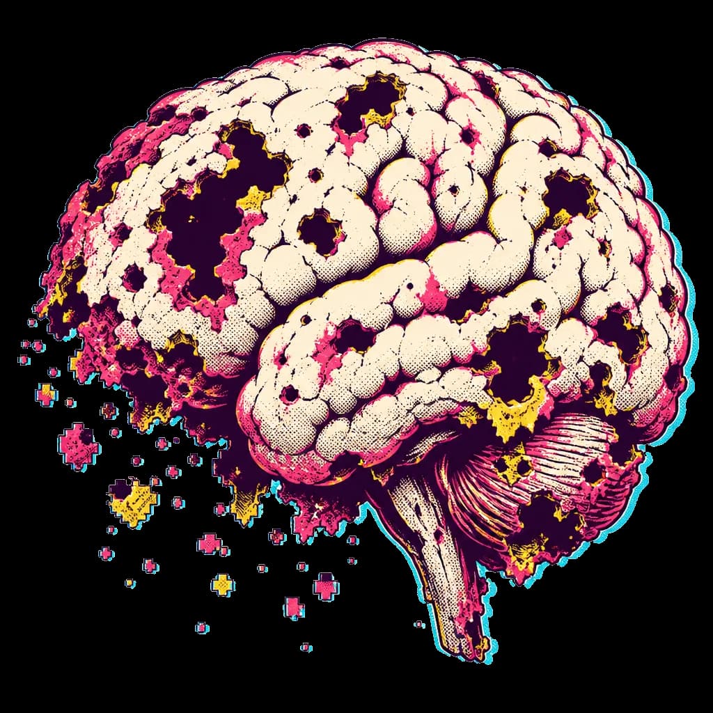 Comic-print illustration of a brain rotting into pixels — a joke about the meme, not a medical image.